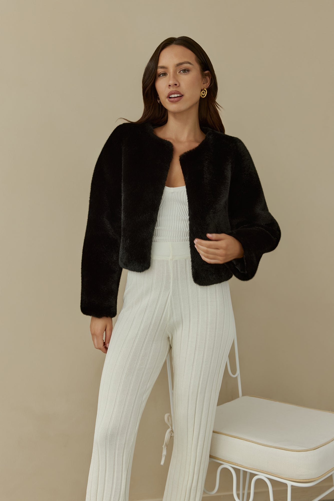 Day By Day Faux Fur Cropped Jacket Black-Trogz
