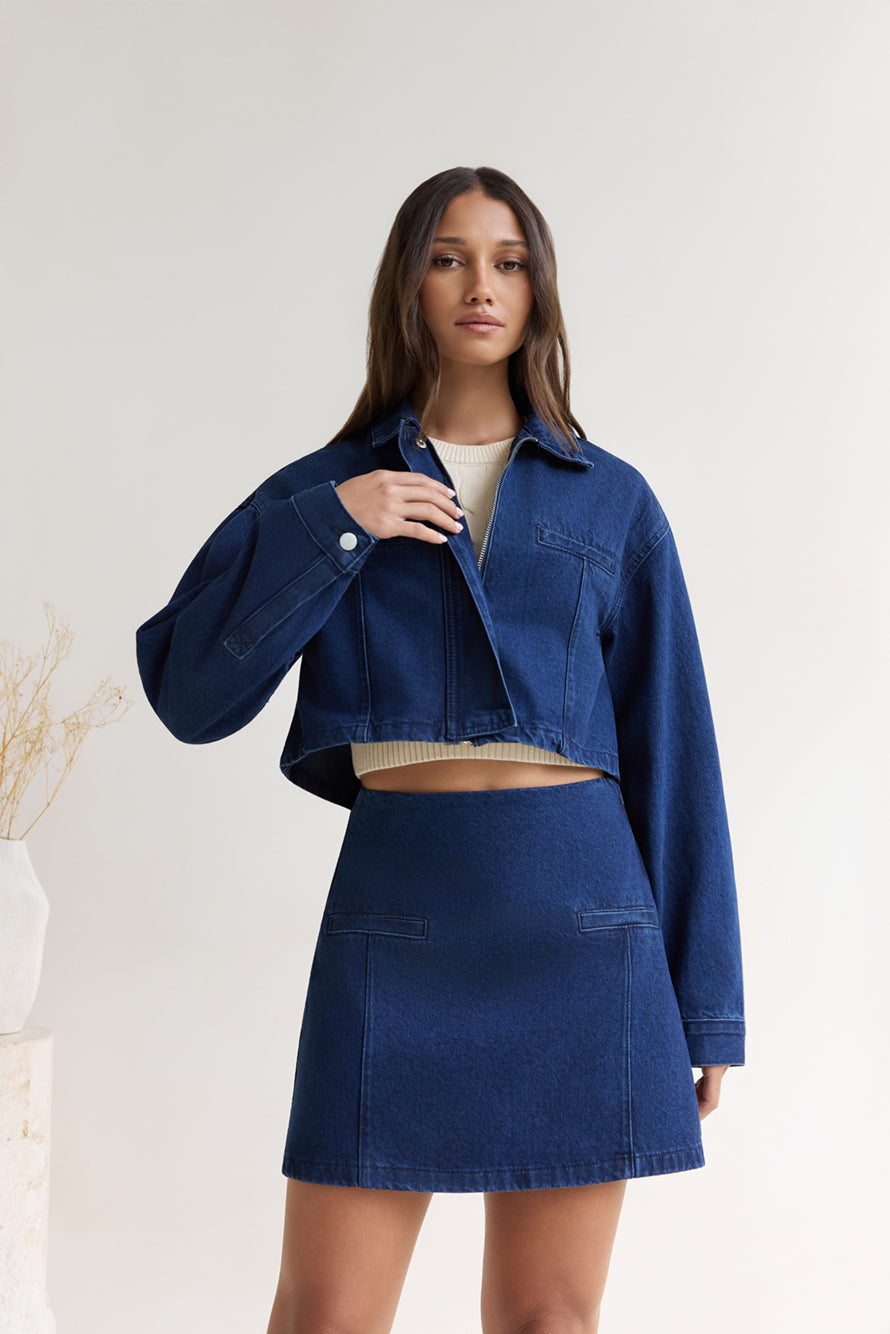 Coffee Dates Cropped Denim Jacket Blue-Trogz