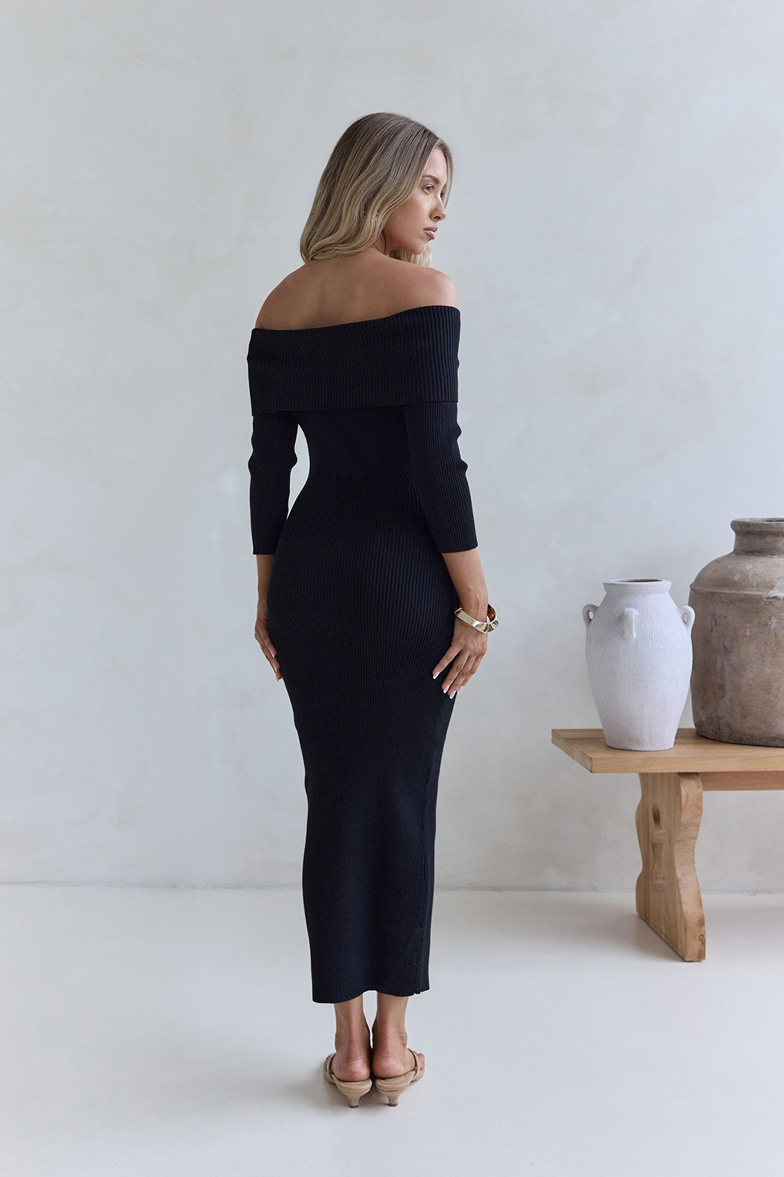 Chilled Luxe Off Shoulder Knit Maxi Dress Black-Trogz