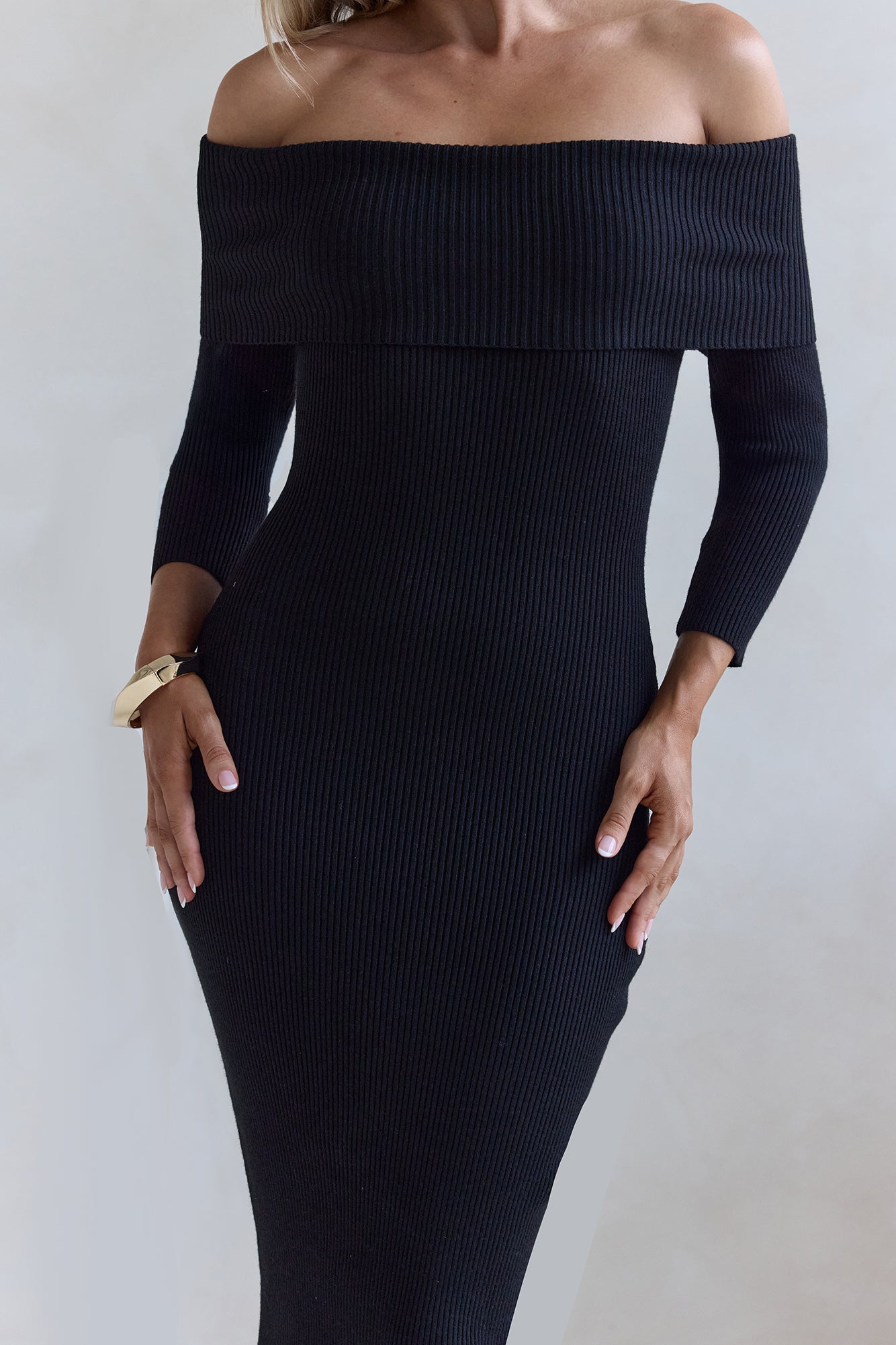 Chilled Luxe Off Shoulder Knit Maxi Dress Black-Trogz