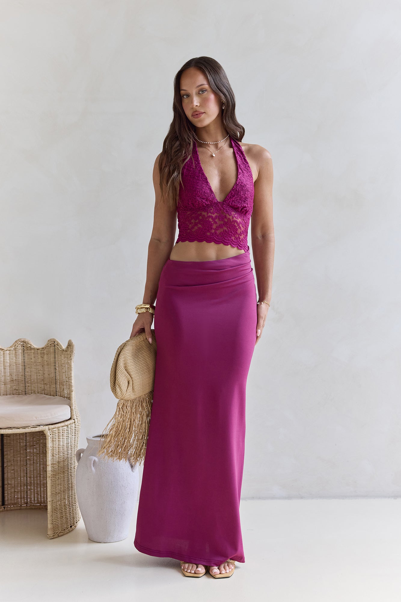 Best Believe Lace Halter Maxi Dress Plum-Trogz