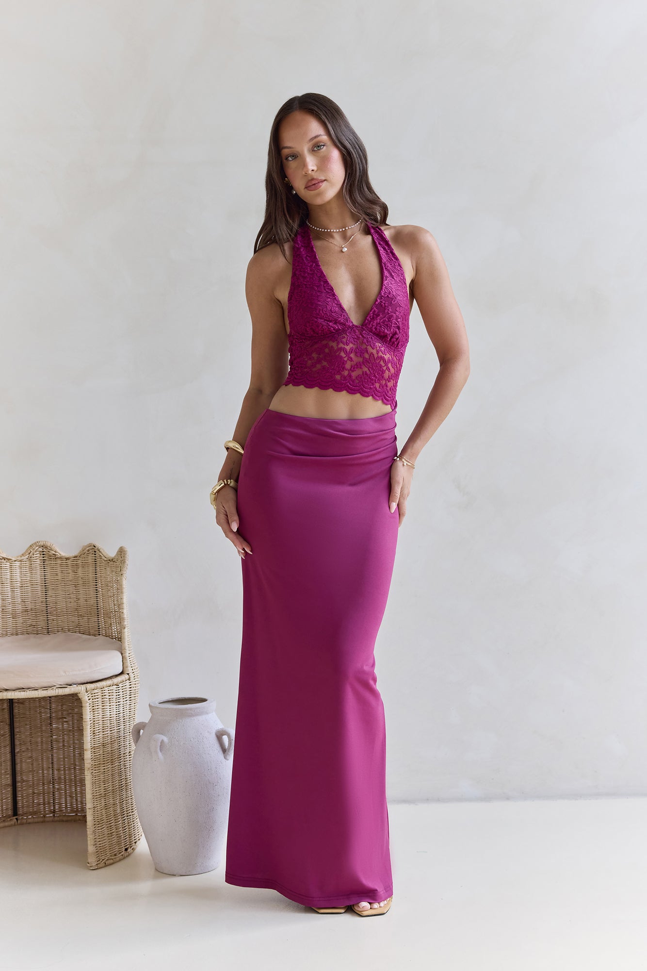 Best Believe Lace Halter Maxi Dress Plum-Trogz