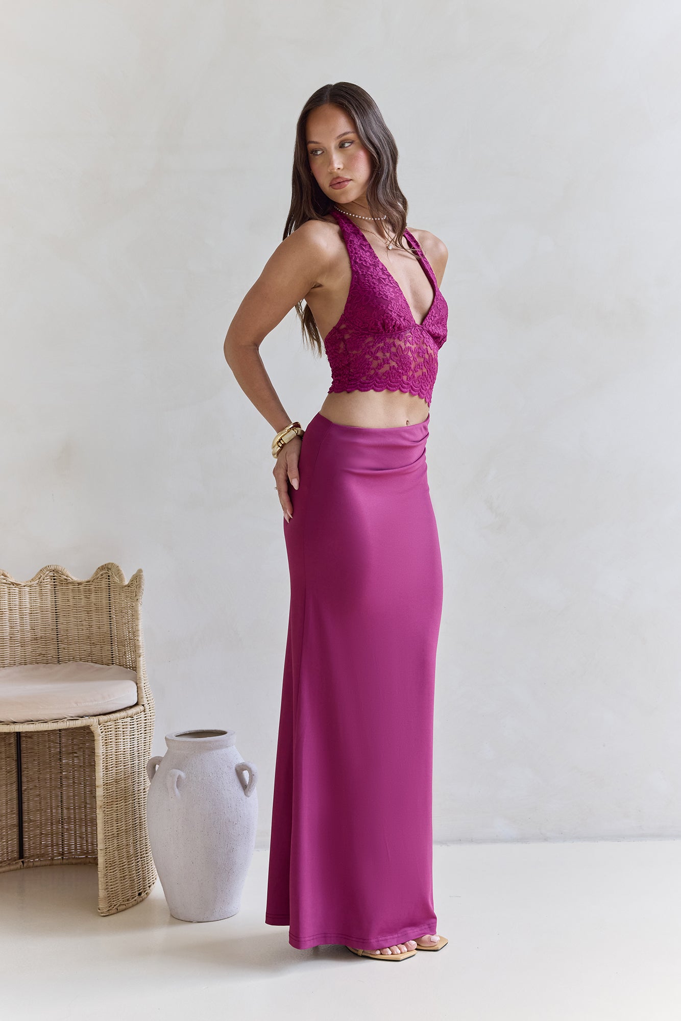 Best Believe Lace Halter Maxi Dress Plum-Trogz