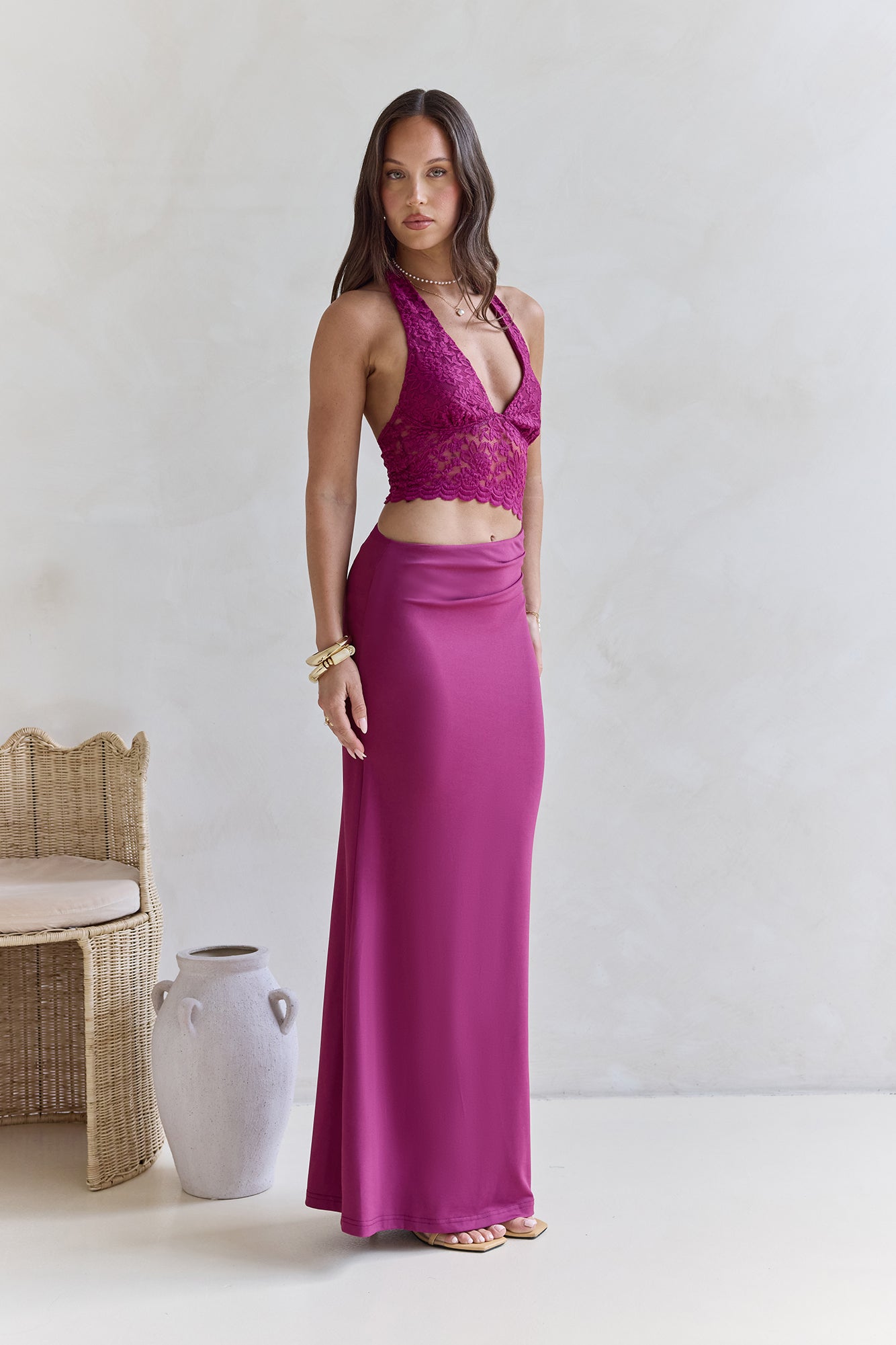 Best Believe Lace Halter Maxi Dress Plum-Trogz