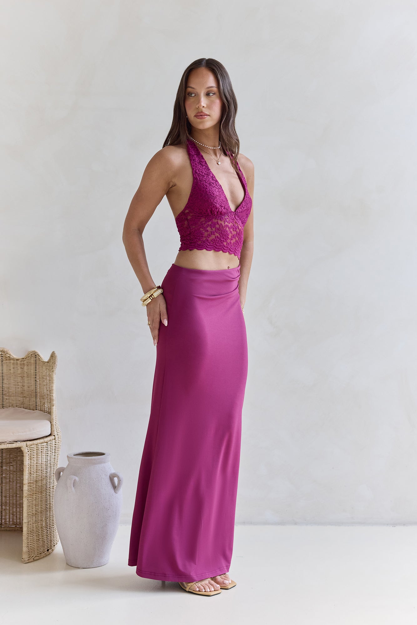 Best Believe Lace Halter Maxi Dress Plum-Trogz