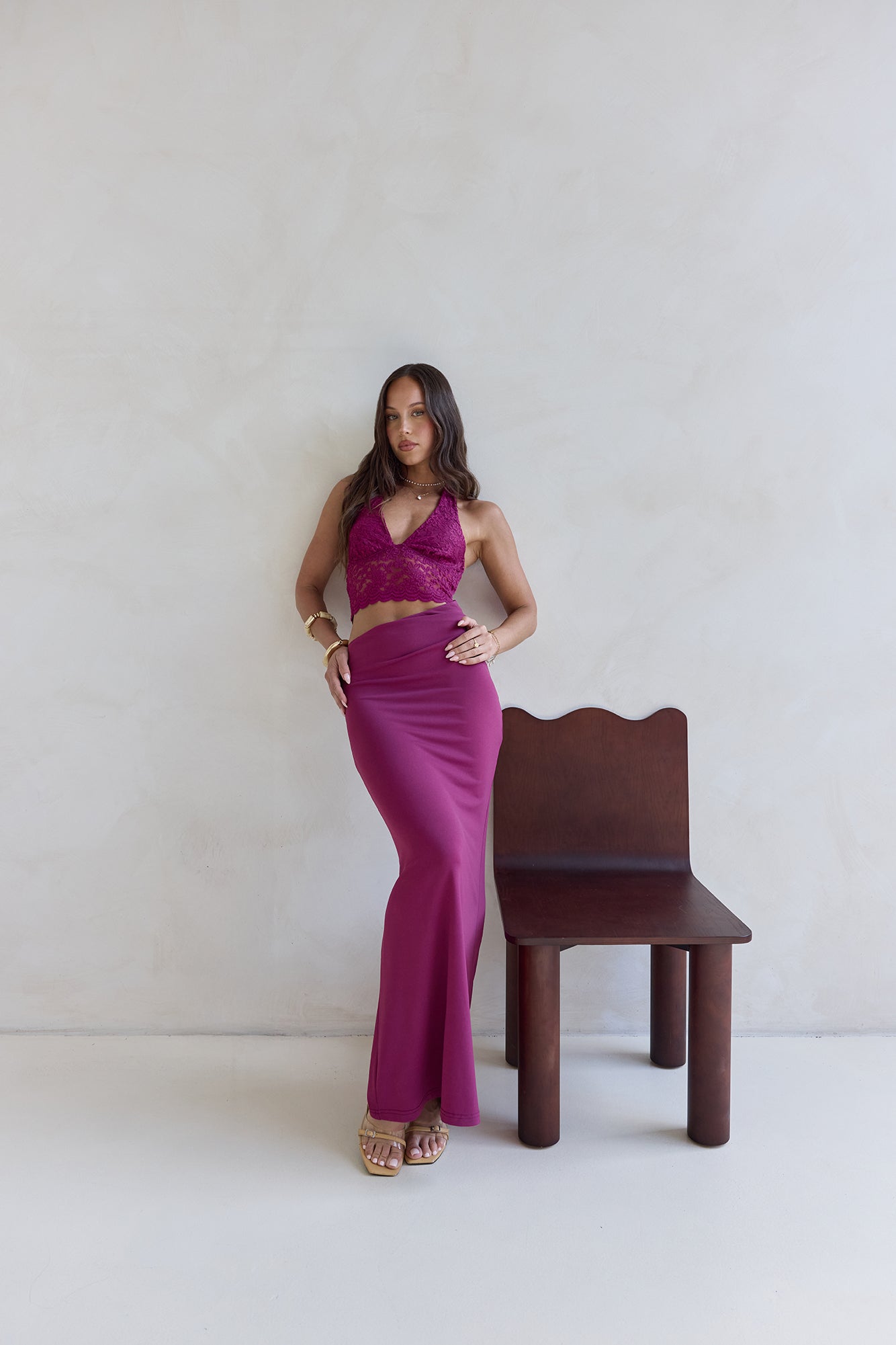 Best Believe Lace Halter Maxi Dress Plum-Trogz