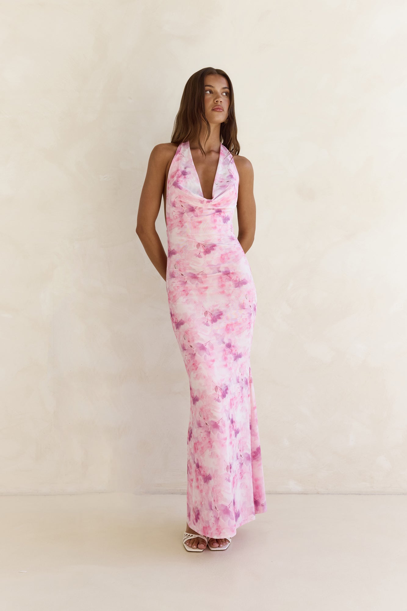 Blooming Loves Mesh Halter Maxi Dress Pink-Trogz