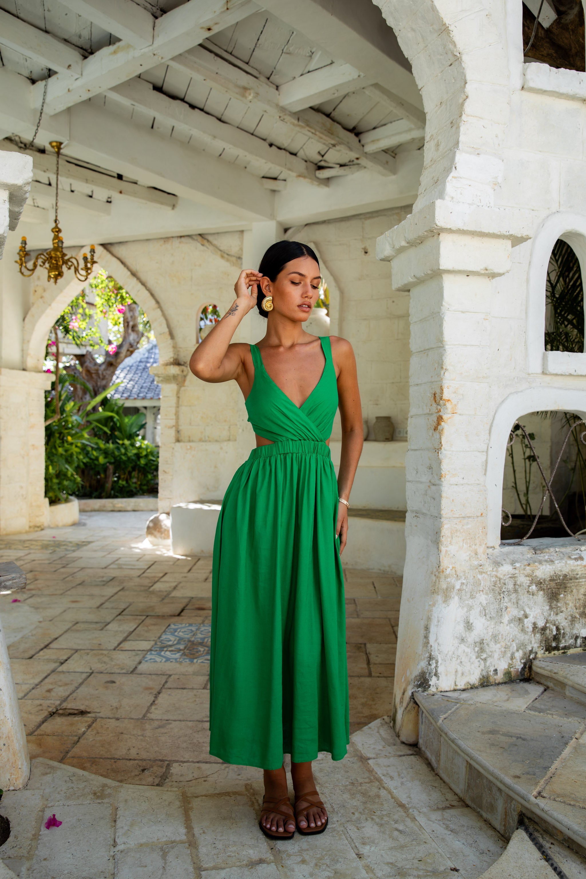All The Girls Linen Maxi Dress Green-Trogz