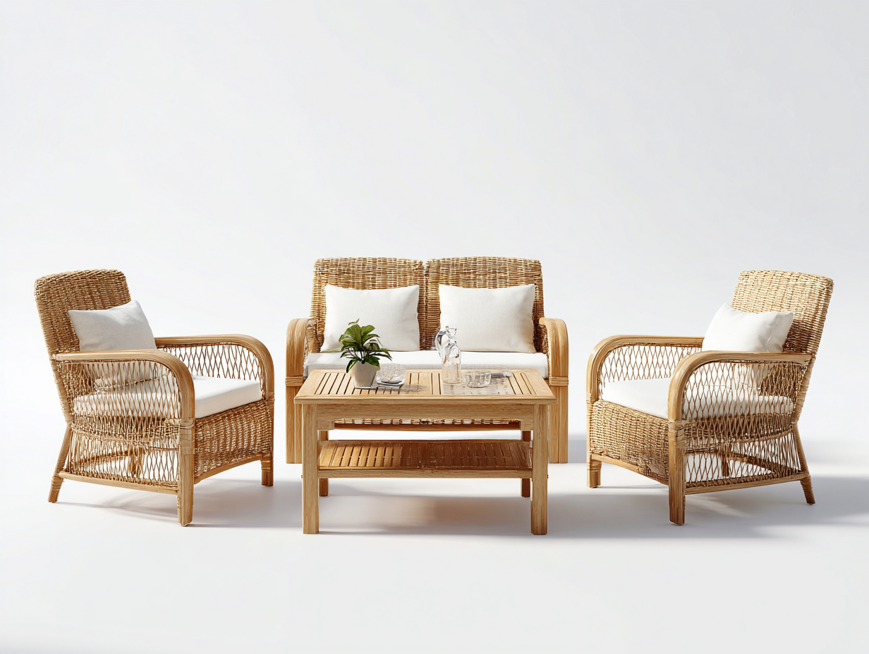 Canapé de jardin en rotin naturel ensemble salon extérieur 120x70x80 cm - bois naturel - design tressé-Cottamyyard