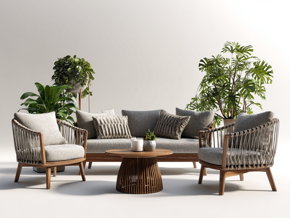 Canapé de jardin en bois naturel et corde tressée ensemble salon extérieur 180x75x78 cm - bois naturel et gris - style contemporain-Cottamyyard