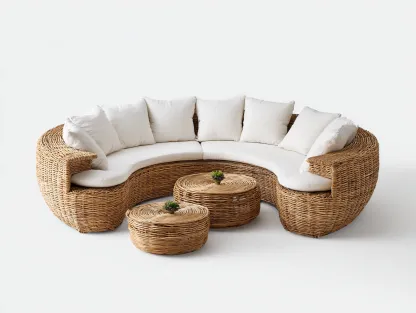 Canapé de jardin en résine tressée forme arrondie 260x90x75 cm - Bois naturel - Salon d'extérieur design contemporain-Cottamyyard