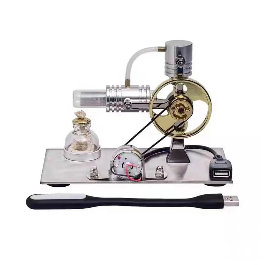 Mirror polished Stirling engine with embedded voltmeter and USB plug