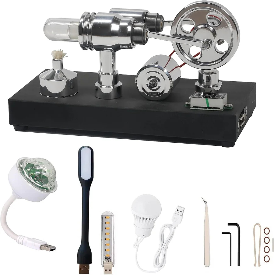 Mirror polished Stirling engine with embedded voltmeter and USB plug