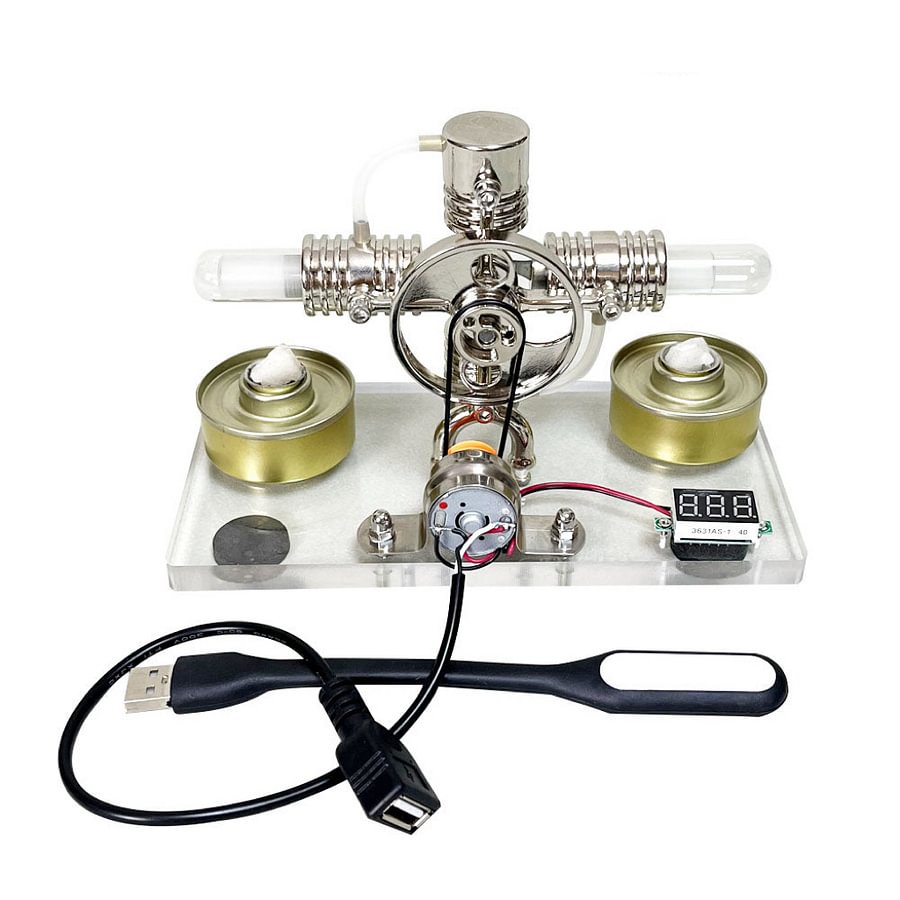 Mirror polished Stirling engine with embedded voltmeter and USB plug