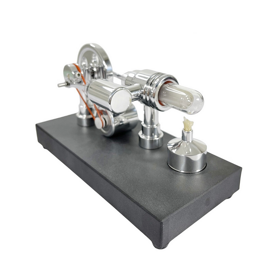 Mirror polished Stirling engine with embedded voltmeter and USB plug