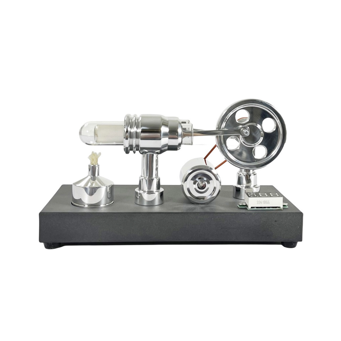 Mirror polished Stirling engine with embedded voltmeter and USB plug