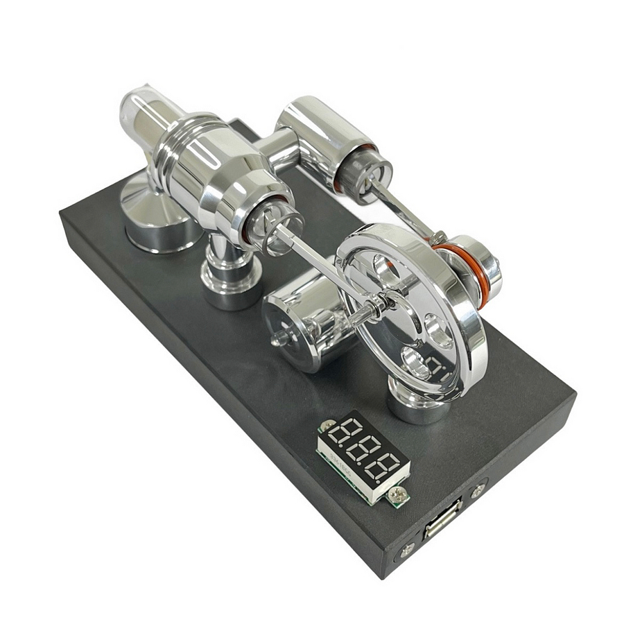 Mirror polished Stirling engine with embedded voltmeter and USB plug