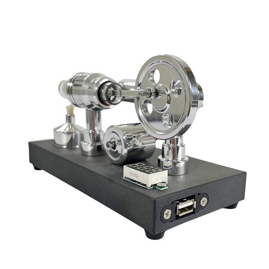 Mirror polished Stirling engine with embedded voltmeter and USB plug