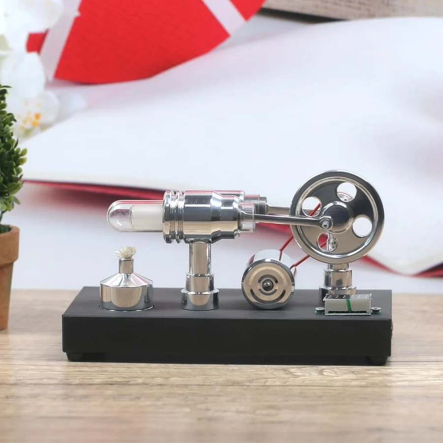 Mirror polished Stirling engine with embedded voltmeter and USB plug