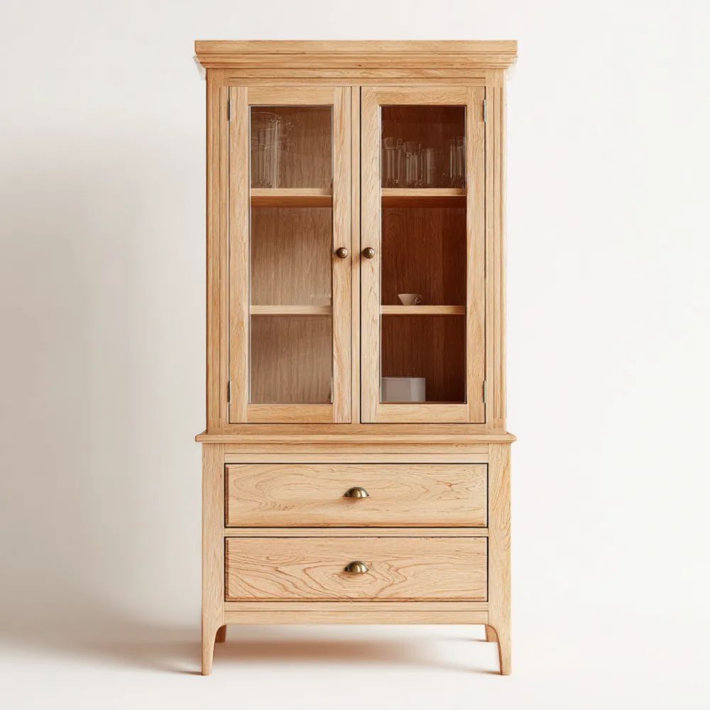 Credenza in Legno Massello con Porte in Vetro - 180x90x45 cm - Naturale