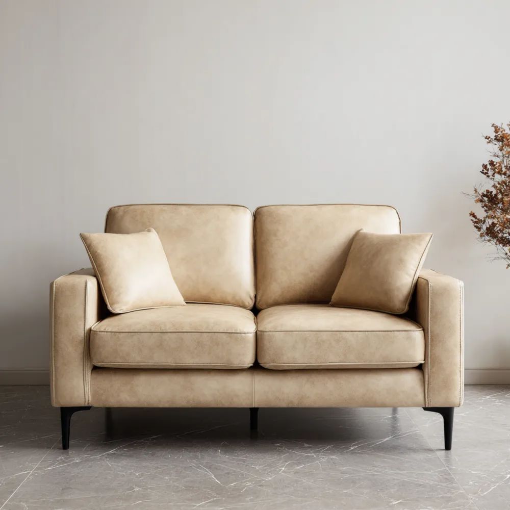 Divano a Due Posti in Pelle 140x85x80 cm - Beige - Design Contemporaneo