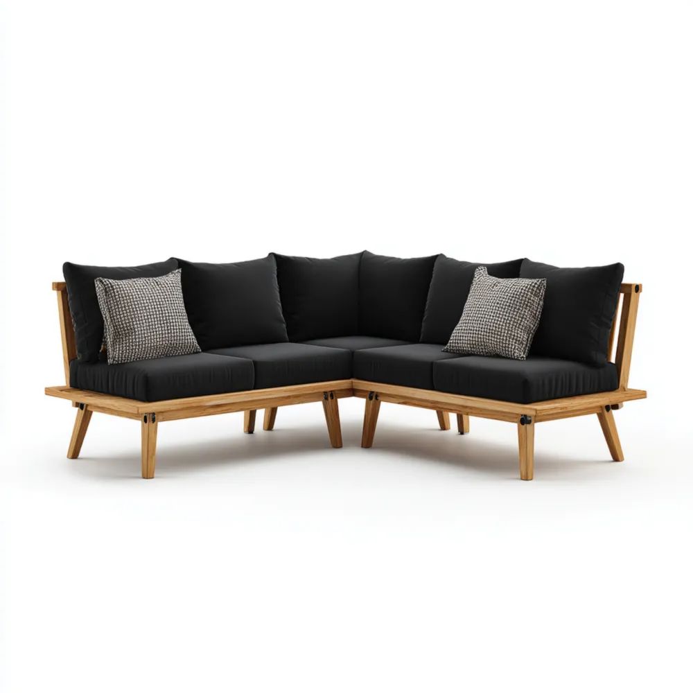 Divano angolare da esterno in legno massello 240x240x36 cm - Nero - Design contemporaneo