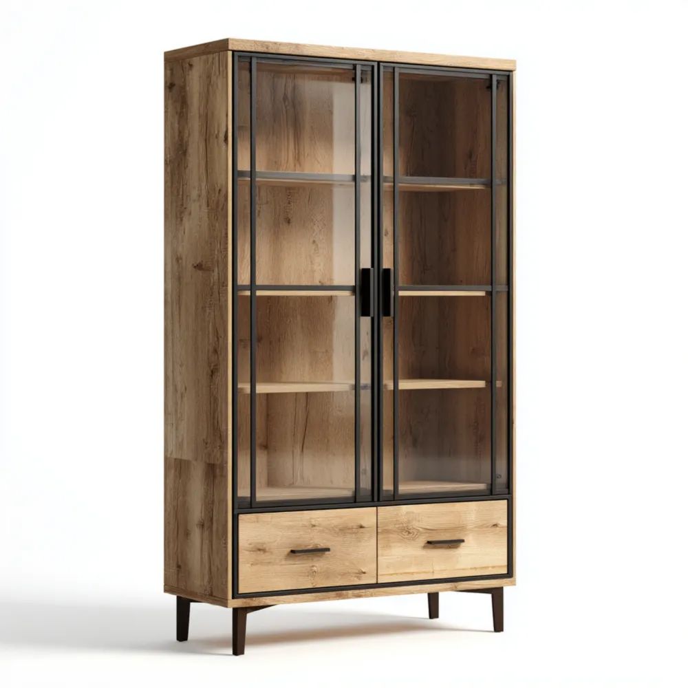 Vitrine Massivholz 120x40x200 cm - Holz/Glas - Industrieller Stil