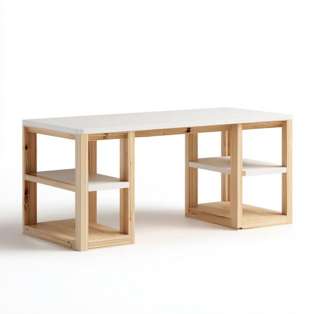 Moderner Schreibtisch mit Regal - 150x70x75 cm - Weiß/Naturholz