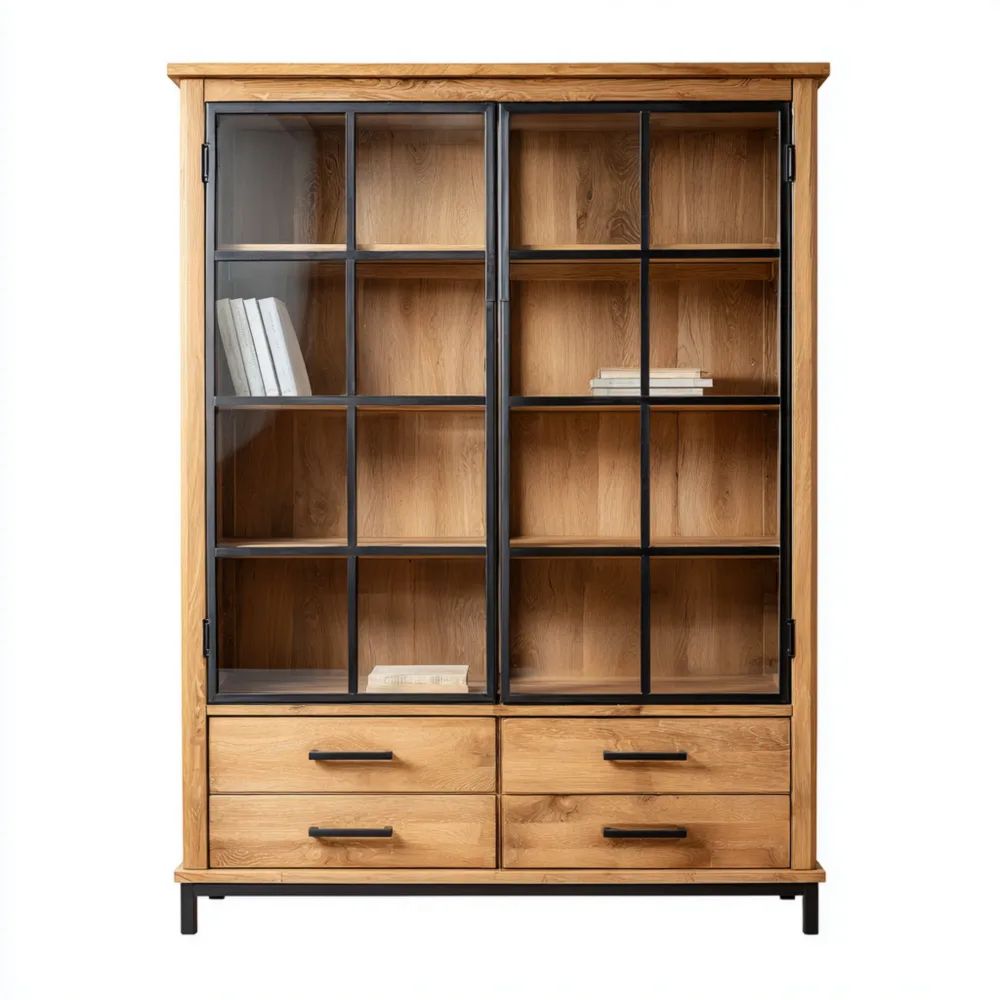 Vitrine Massivholz mit Glas 190x120x40 cm – Eiche/Schwarz – Industrieller Stil