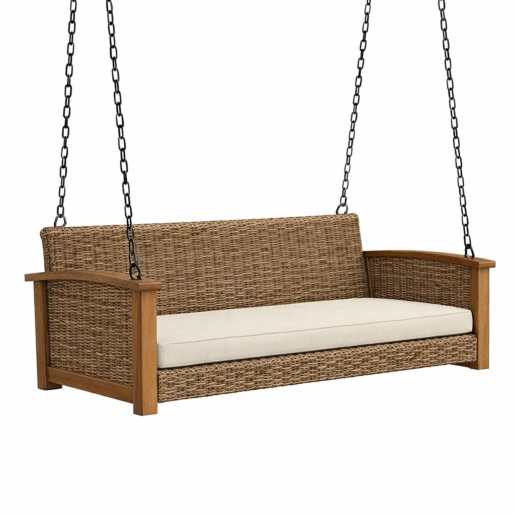 Dondolo da veranda in Rattan Sintetico e Legno di Teak Marrone con Cuscino Crema-COMFORTABLENOOK
