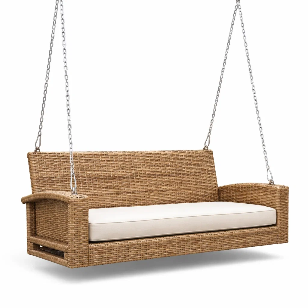 Dondolo da veranda in Vimini con Cuscino Bianco-COMFORTABLENOOK