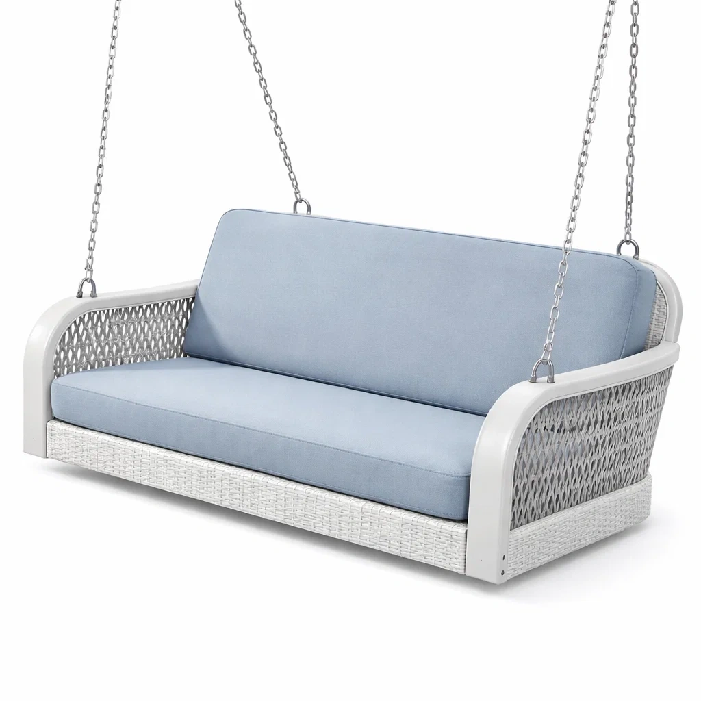 Dondolo da veranda in Polyrattan e Tessuto Blu-COMFORTABLENOOK