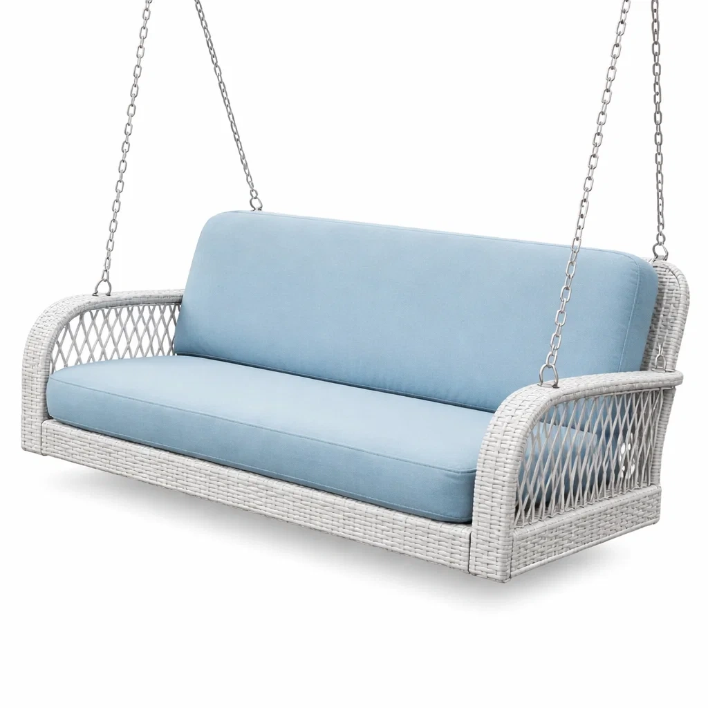 Dondolo da veranda in Rattan Sintetico Bianco con Cuscini Azzurri-COMFORTABLENOOK