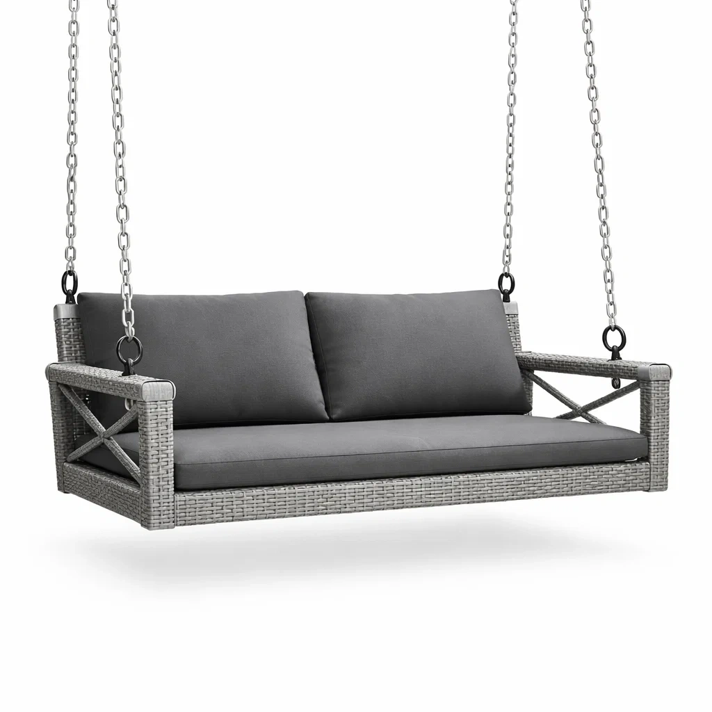Dondolo da veranda in Rattan con Cuscini Grigio-COMFORTABLENOOK