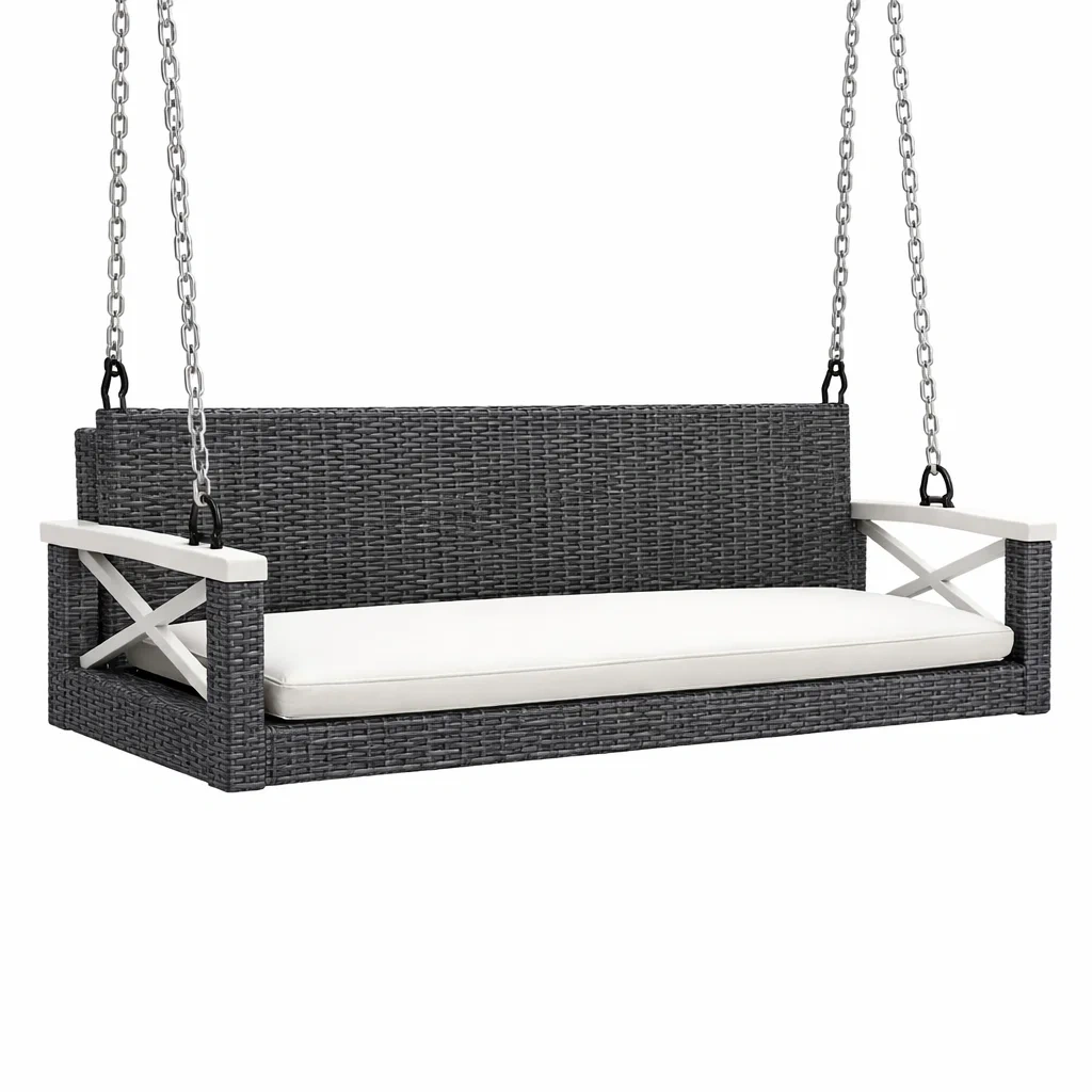Dondolo da veranda in Rattan Grigio con Cuscino Bianco-COMFORTABLENOOK