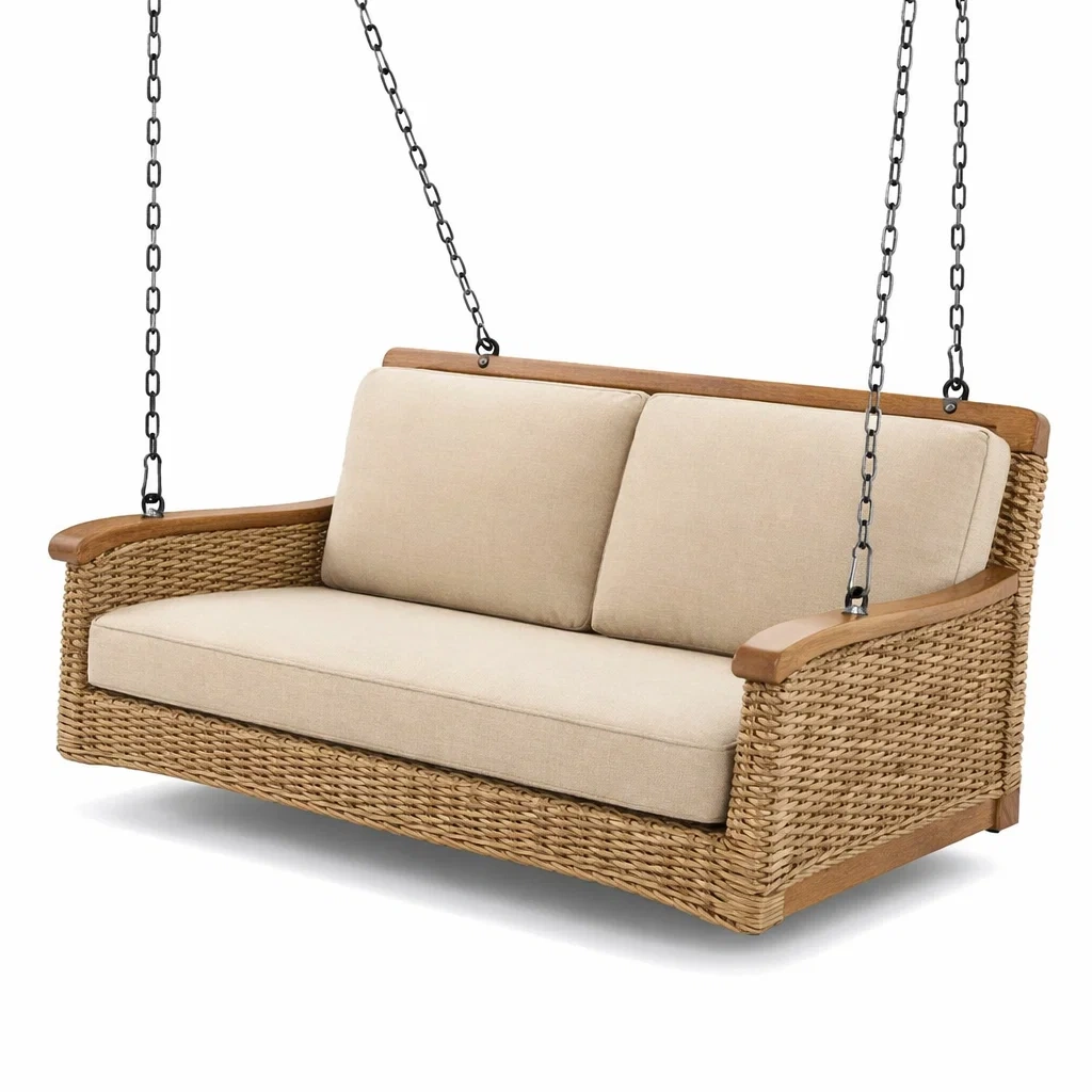 Dondolo da veranda in Rattan con Struttura in Legno e Cuscini Beige-COMFORTABLENOOK