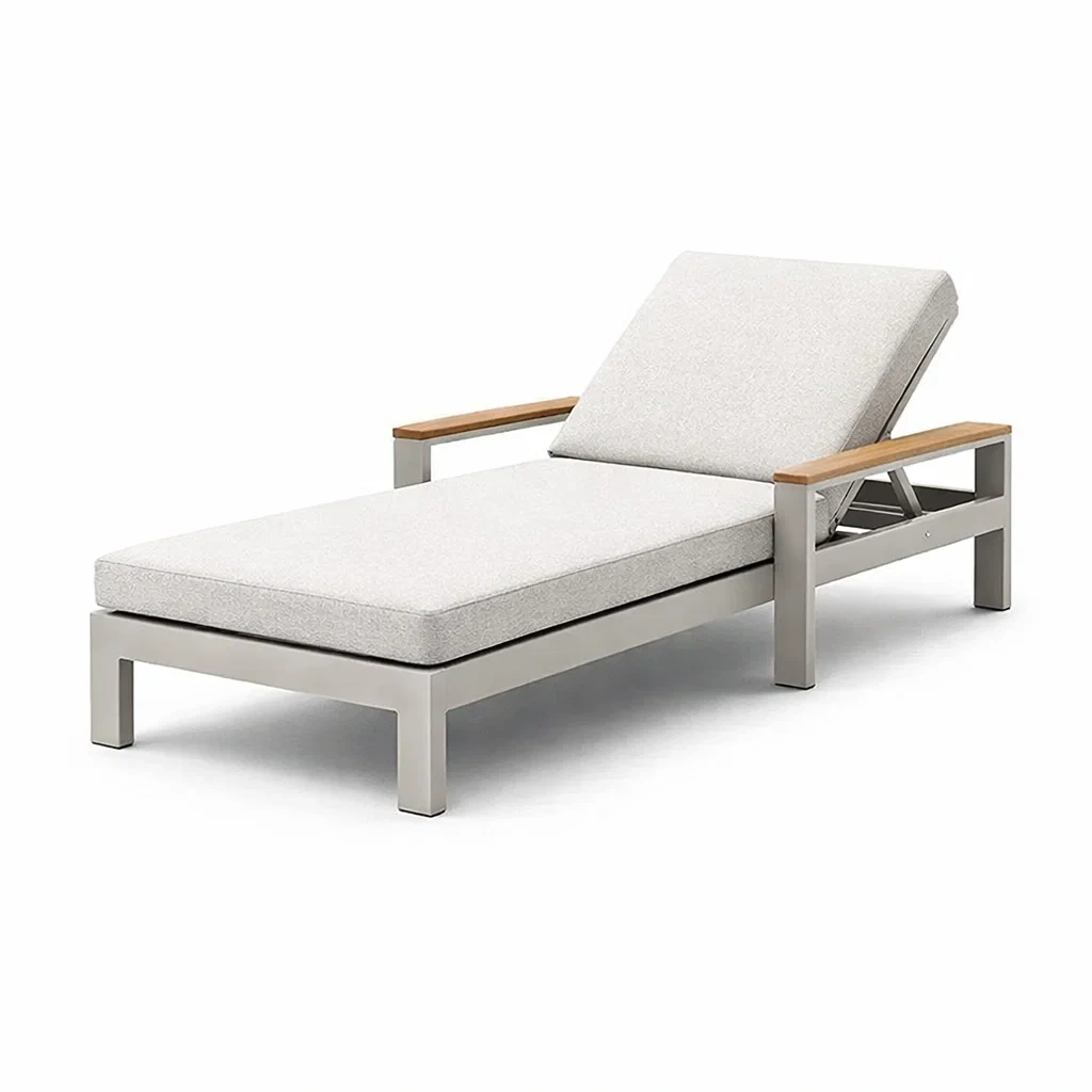 Lettino in Alluminio e Legno con Cuscino in Tessuto Grigio-COMFORTABLENOOK