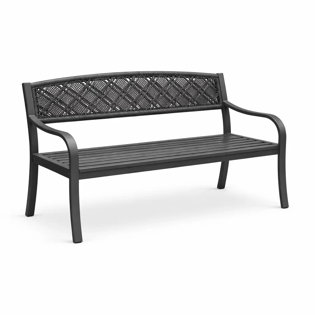 Panchina in Metallo Nero con Schienale in Rattan Intrecciato 120x60x80 cm-COMFORTABLENOOK