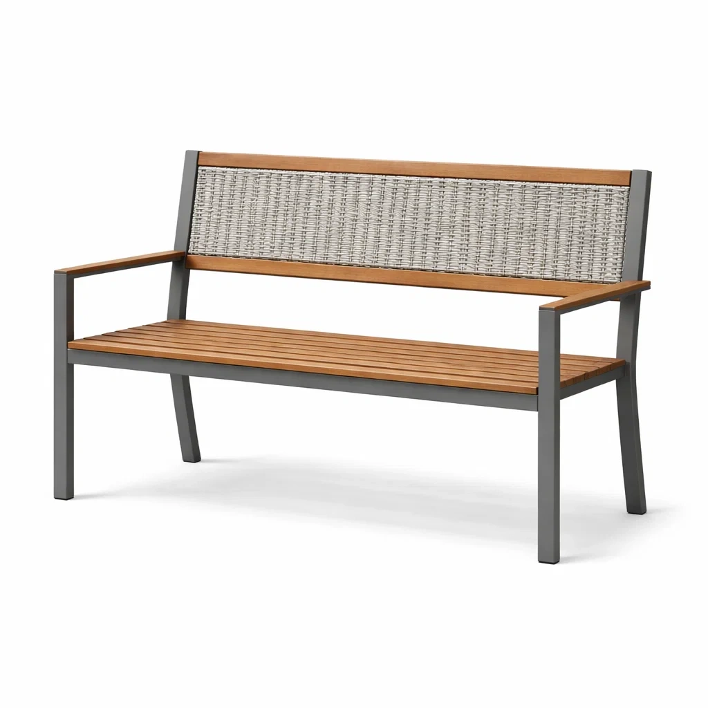 Panchina in Metallo e Legno con Schienale in Rattan-COMFORTABLENOOK