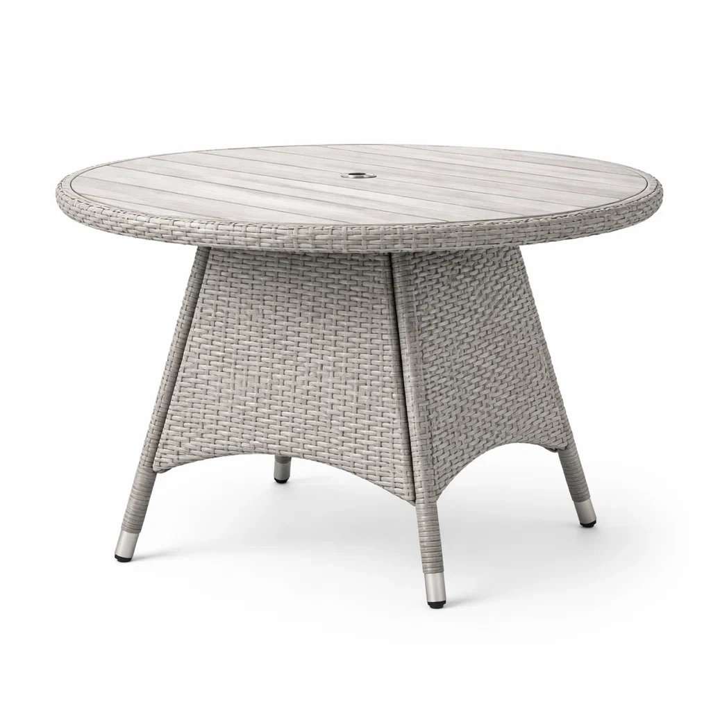Tavolo Rotondo in Rattan e Legno Grigio-COMFORTABLENOOK