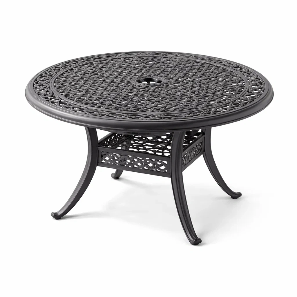 Tavolo Rotondo in Metallo Nero con Dettagli Intrecciati-COMFORTABLENOOK