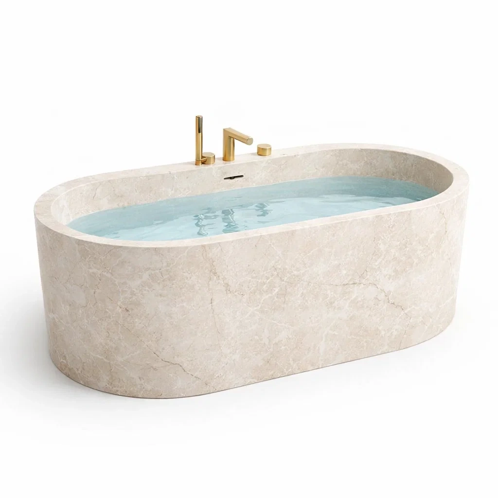Vasca freestanding Ovale in Marmo con Rubinetteria Dorata-COMFORTABLENOOK