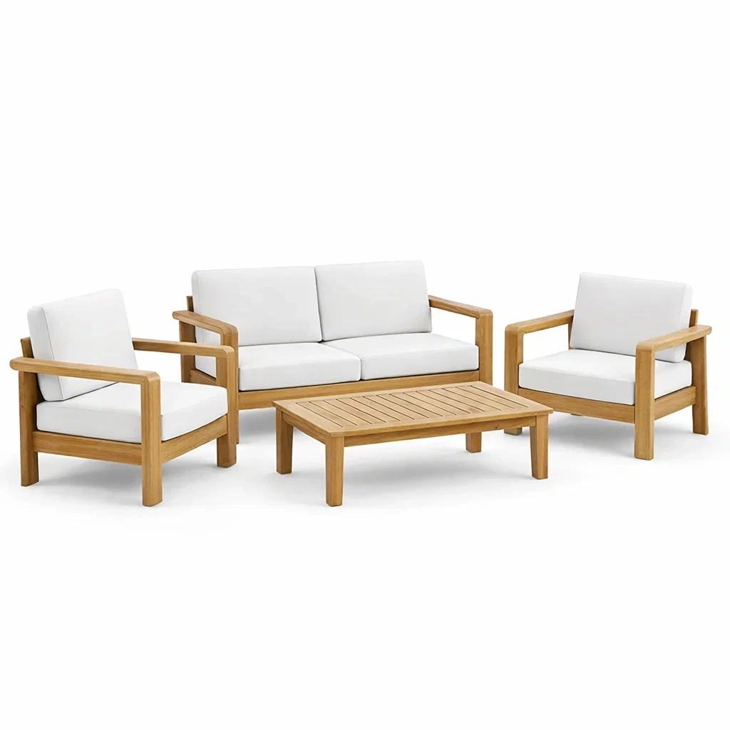 Set da salotto in Legno Teak con Cuscini Bianchi-COMFORTABLENOOK