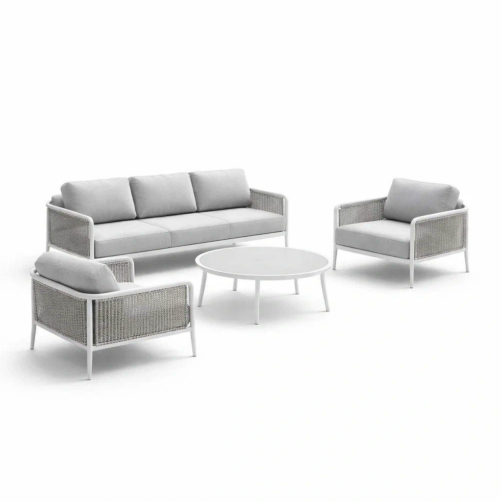 Set da salotto in Metallo e Rattan con Tavolino Rotondo Grigio-COMFORTABLENOOK