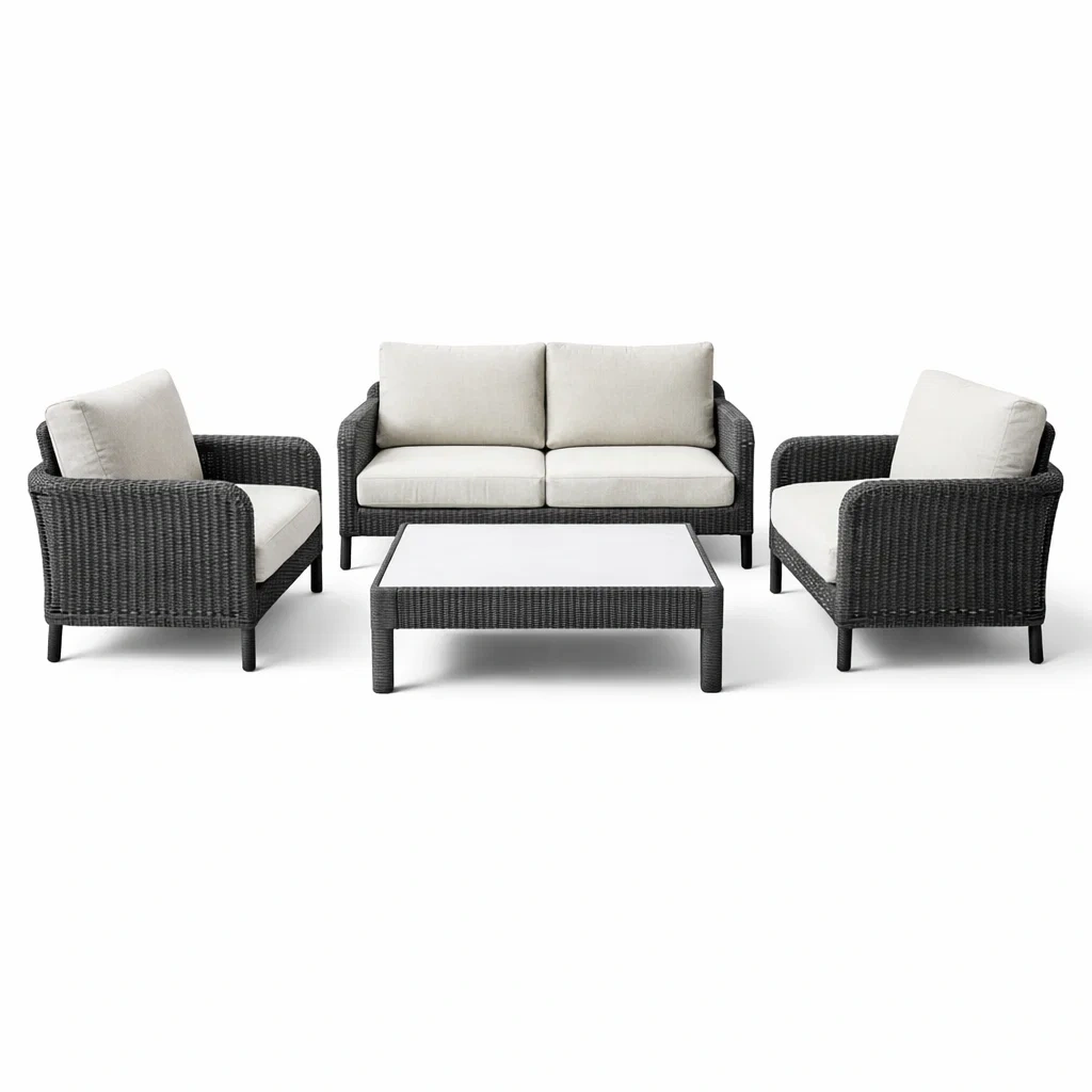 Set da salotto in Rattan Sintetico Grigio Scuro con Cuscini Bianchi-COMFORTABLENOOK