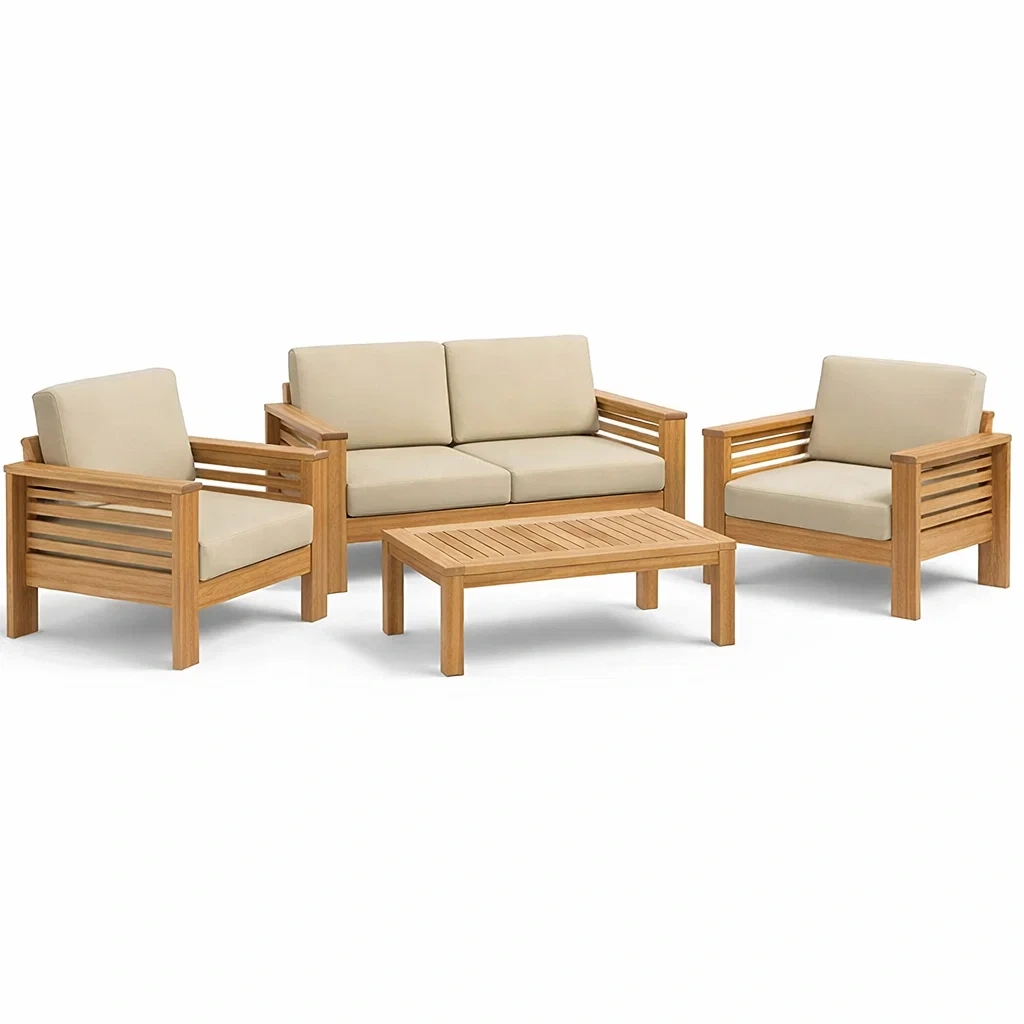 Set da salotto in Legno di Acacia con Cuscini Color Crema-COMFORTABLENOOK