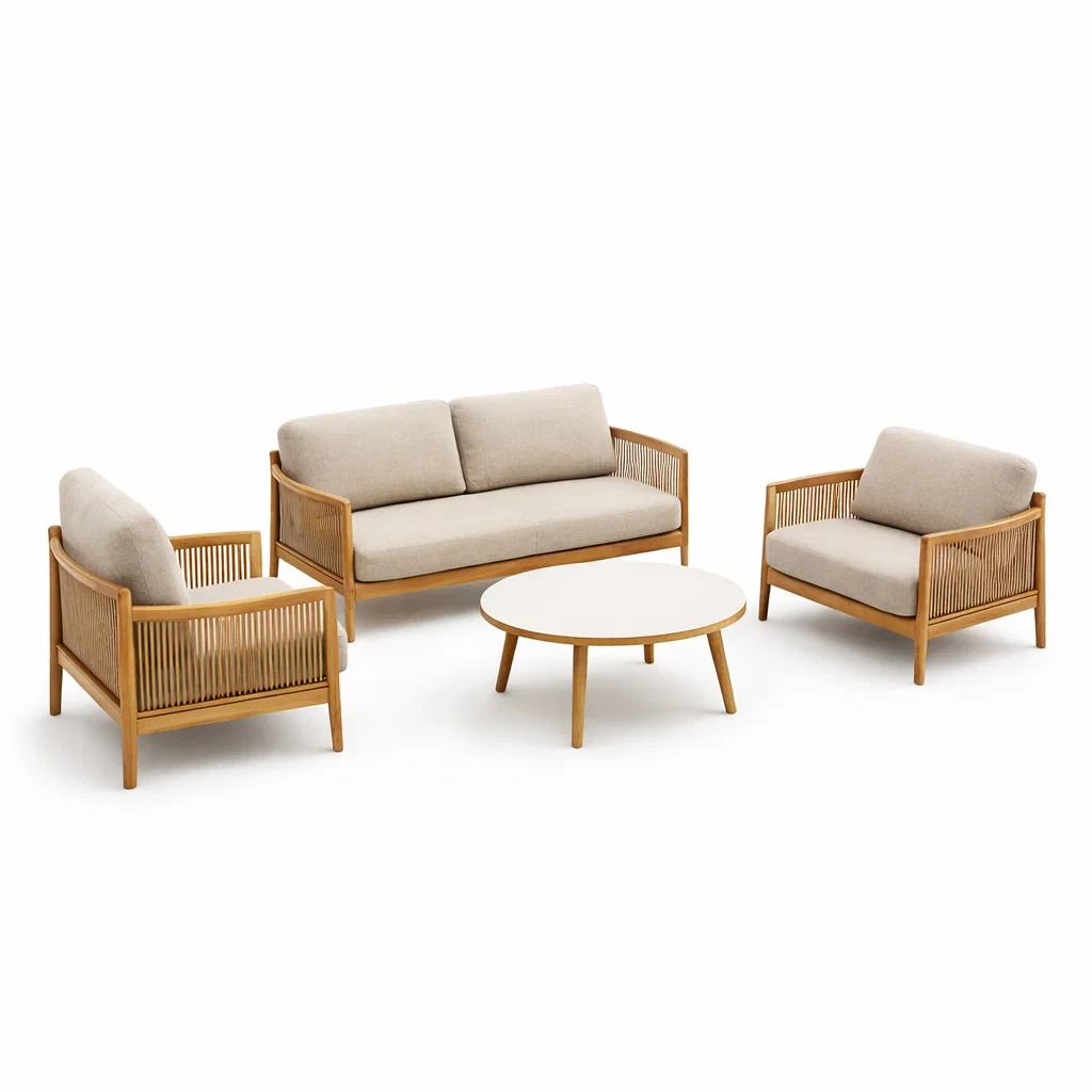 Set da salotto in Legno Massello e Poliestere Beige-COMFORTABLENOOK