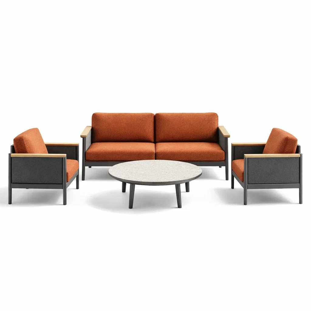 Set da salotto in Metallo e Legno con Tessuto Arancione e Tavolino Rotondo in Pietra Naturale-COMFORTABLENOOK