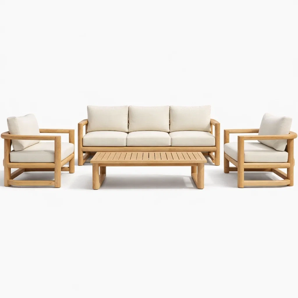 Set da salotto in Legno Massello con Cuscini in Tessuto Beige-COMFORTABLENOOK