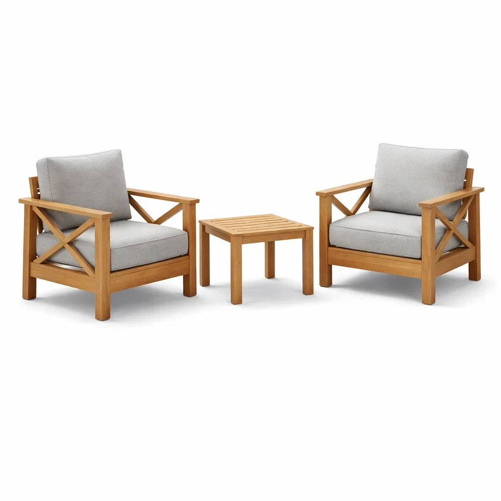 Set relax in Legno Teak con Cuscini in Poliestere Grigi e Tavolino-COMFORTABLENOOK